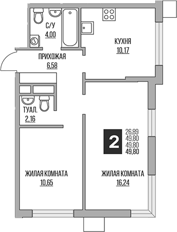 Планировка — Притяжение Сити, 3-комн., 50 м²