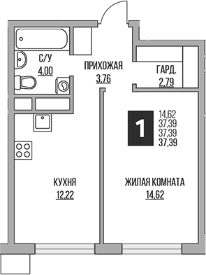 Планировка — Притяжение Сити, 2-комн., 37 м²