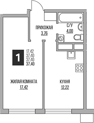 Планировка — Притяжение Сити, 2-комн., 37 м²