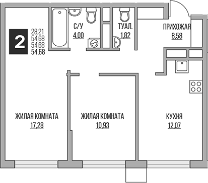 Планировка — Притяжение Сити, 3-комн., 55 м²