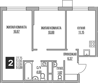 Планировка — Притяжение Сити, 3-комн., 51 м²