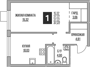 Планировка — Притяжение Сити, 2-комн., 37 м²