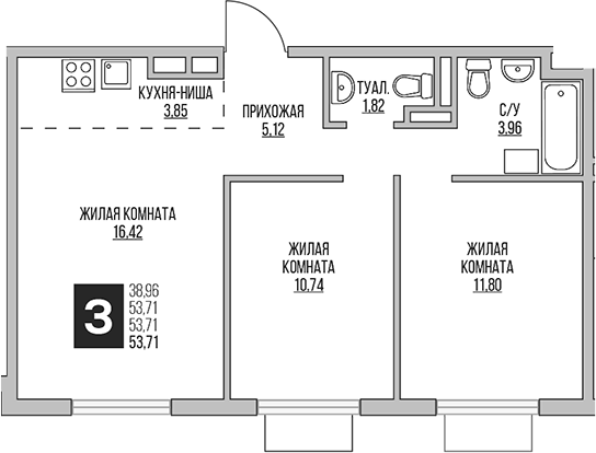 Планировка — Аникеевский, 3-комн., 54 м²