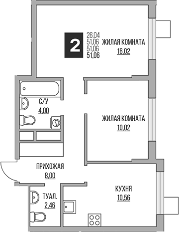Планировка — Притяжение Сити, 3-комн., 51 м²