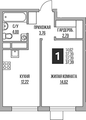 Планировка — Притяжение Сити, 2-комн., 37 м²