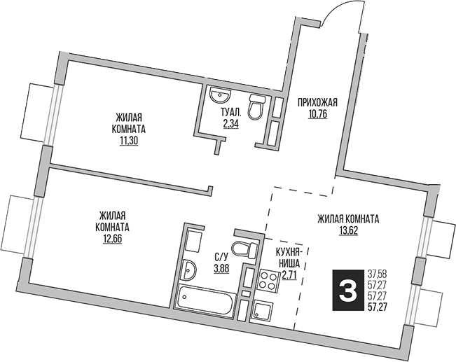 Планировка — Аникеевский, 3-комн., 57 м²