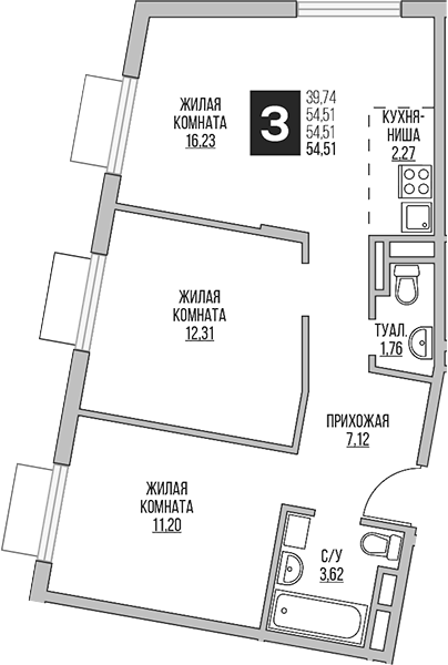 Планировка — Аникеевский, 3-комн., 55 м²