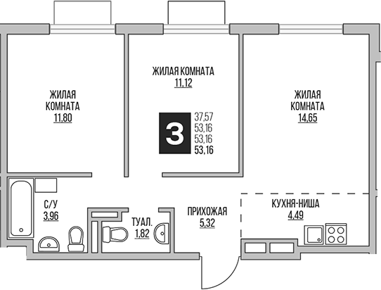 Планировка — Аникеевский, 3-комн., 53 м²