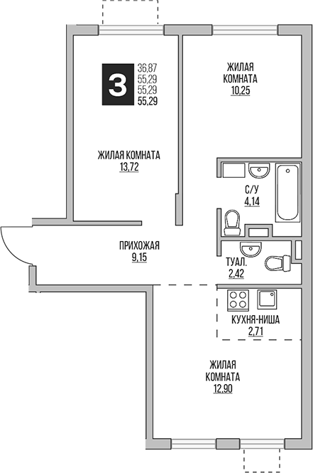 Планировка — Аникеевский, 3-комн., 55 м²