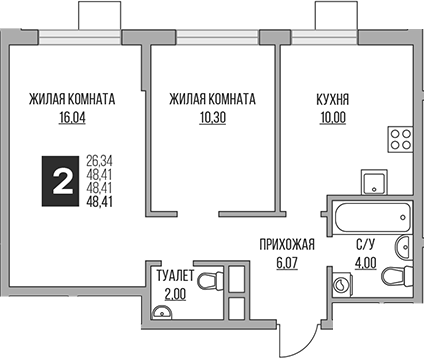 Планировка — Притяжение Сити, 3-комн., 48 м²