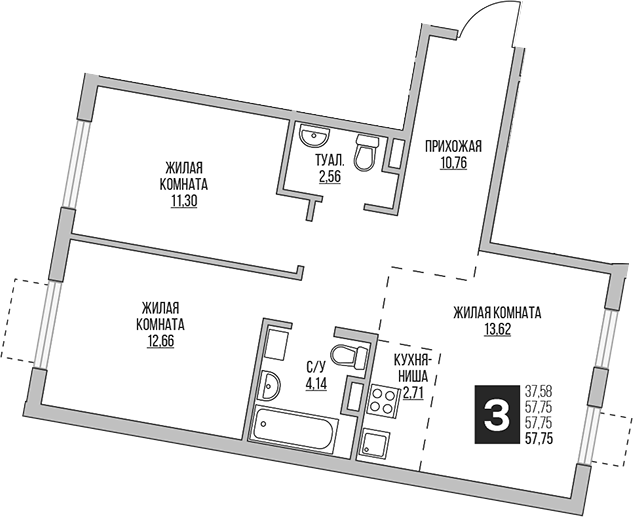 Планировка — Аникеевский, 3-комн., 58 м²