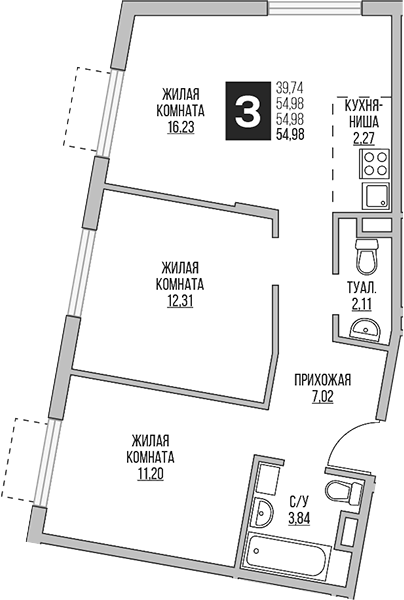 Планировка — Аникеевский, 3-комн., 55 м²