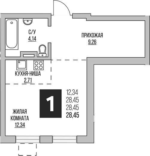 Планировка — Аникеевский, Студия, 28 м²