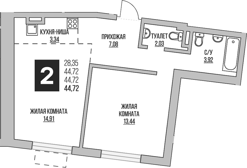 Планировка — Аникеевский, 2-комн., 45 м²