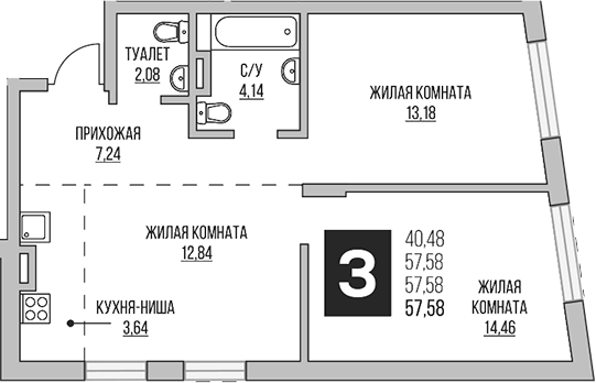Планировка — Аникеевский, 3-комн., 58 м²