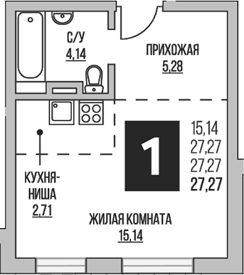 Планировка — Аникеевский, Студия, 27 м²