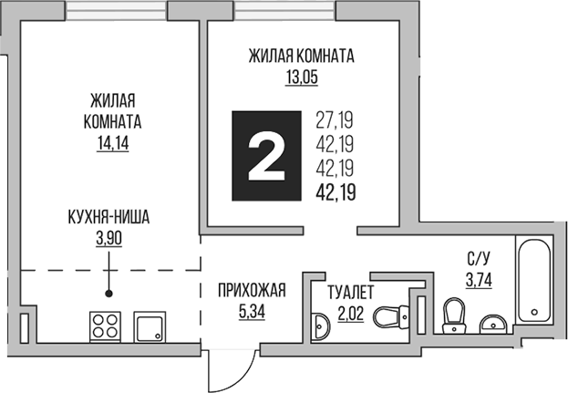 Планировка — Аникеевский, 2-комн., 42 м²