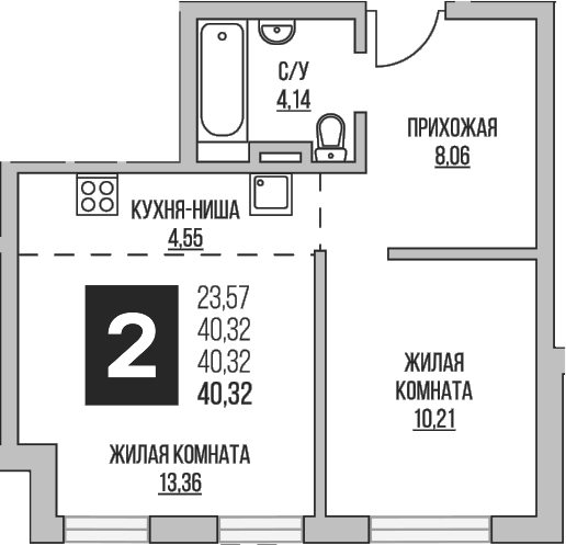 Планировка — Аникеевский, 2-комн., 40 м²