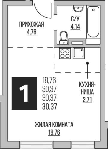 Планировка — Аникеевский, Студия, 30 м²