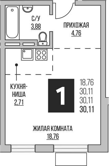 Планировка — Аникеевский, Студия, 30 м²