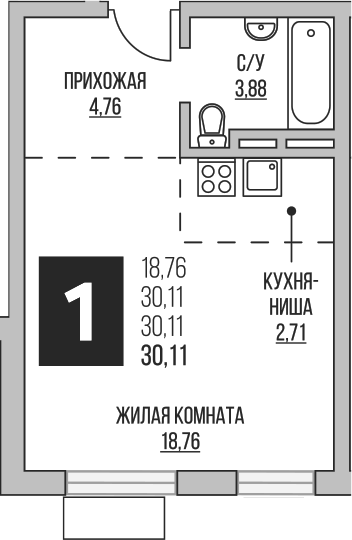 Планировка — Аникеевский, Студия, 30 м²