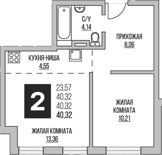 Планировка — Аникеевский, 2-комн., 40 м²