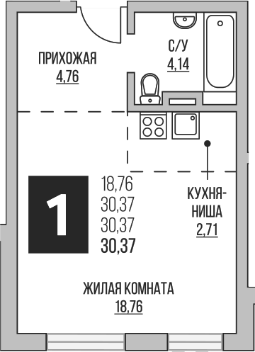 Планировка — Аникеевский, Студия, 30 м²