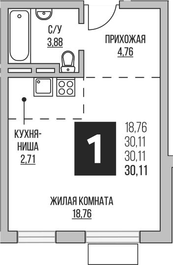 Планировка — Аникеевский, Студия, 30 м²