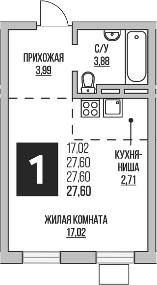 Планировка — Аникеевский, Студия, 28 м²