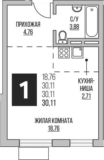 Планировка — Аникеевский, Студия, 30 м²