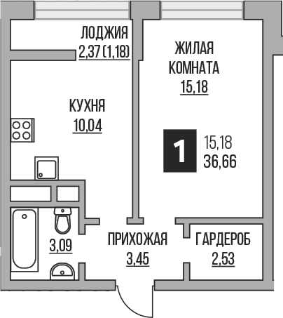 Планировка — Пехра, 1-комн., 34 м²