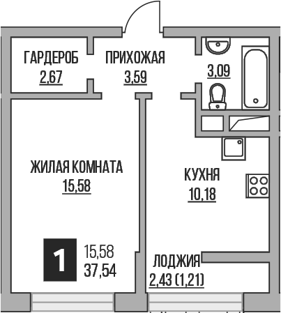 Планировка — Пехра, 1-комн., 35 м²