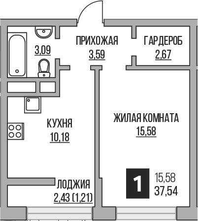 Планировка — Пехра, 1-комн., 35 м²