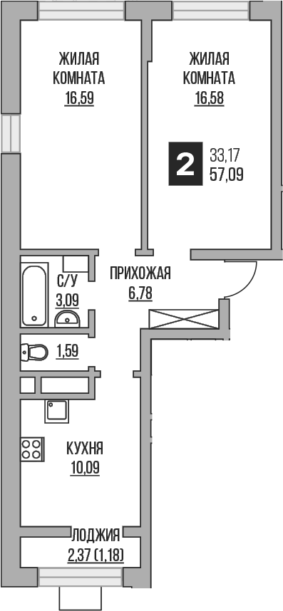 Планировка — Пехра, 2-комн., 55 м²
