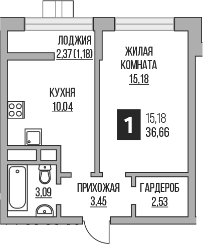 Планировка — Пехра, 1-комн., 34 м²