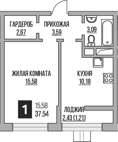Планировка — Пехра, 1-комн., 35 м²