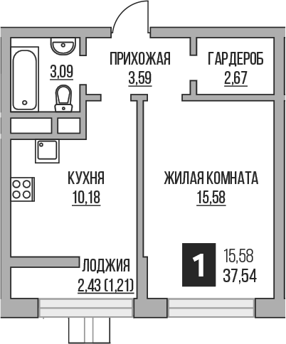 Планировка — Пехра, 1-комн., 35 м²