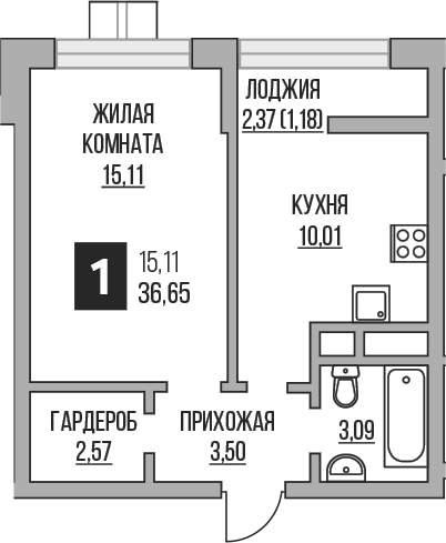 Планировка — Пехра, 1-комн., 34 м²