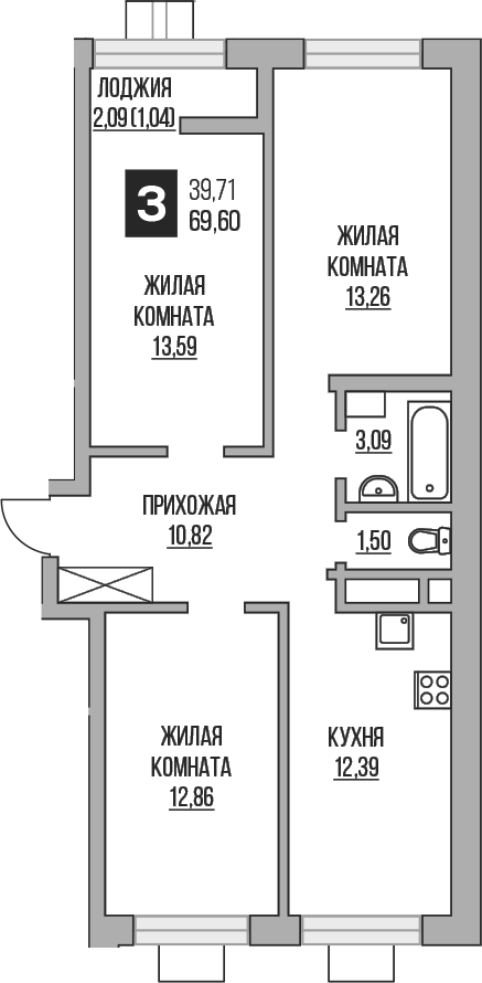 Планировка — Пехра, 3-комн., 68 м²