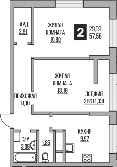 Планировка — Пехра, 2-комн., 55 м²