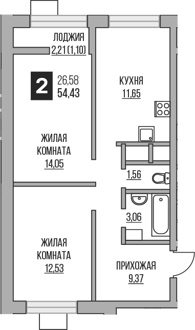 Планировка — Пехра, 2-комн., 52 м²