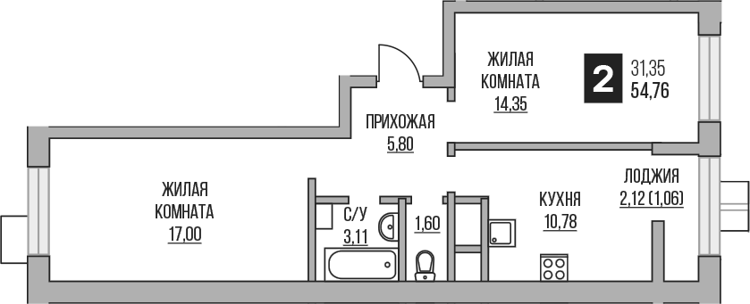 Планировка — Пехра, 2-комн., 53 м²