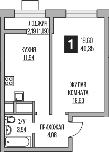 Планировка — Пехра, 1-комн., 38 м²