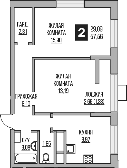 Планировка — Пехра, 2-комн., 55 м²
