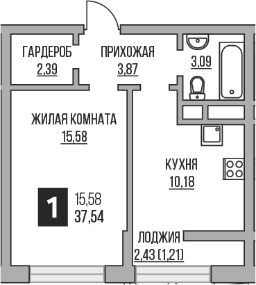 Планировка — Пехра, 1-комн., 35 м²