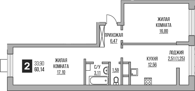 Планировка — Пехра, 2-комн., 58 м²