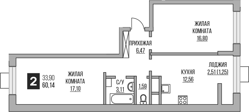 Планировка — Пехра, 2-комн., 58 м²