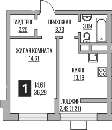 Планировка — Пехра, 1-комн., 34 м²