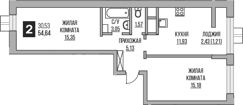 Планировка — Пехра, 2-комн., 52 м²