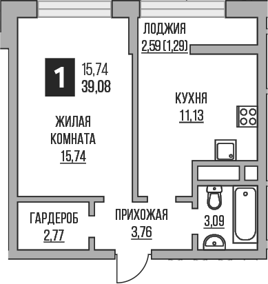 Планировка — Пехра, 1-комн., 36 м²